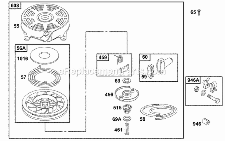 Rewind Group Diagram and Parts List for 121702-0101-01  Briggs and Stratton Engine